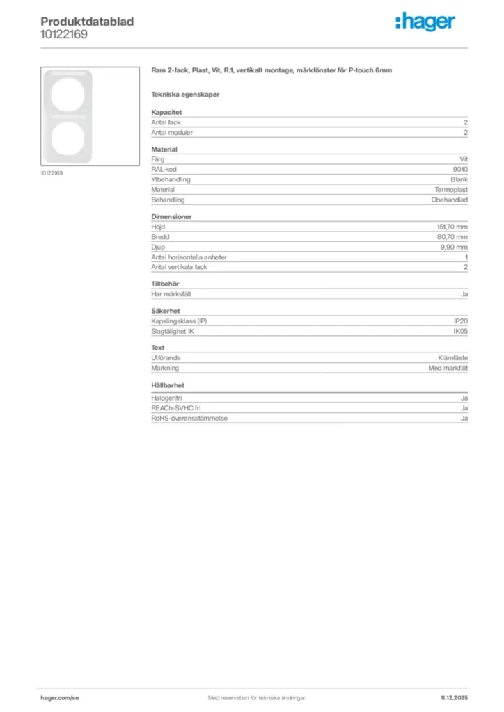 Bild Hager Produktdatablad 10122169 | Hager Sverige
