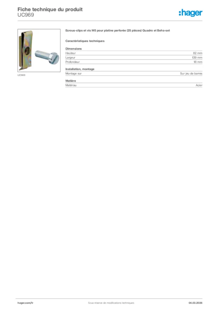 Image Hager Fiche technique du produit UC969 | Hager France