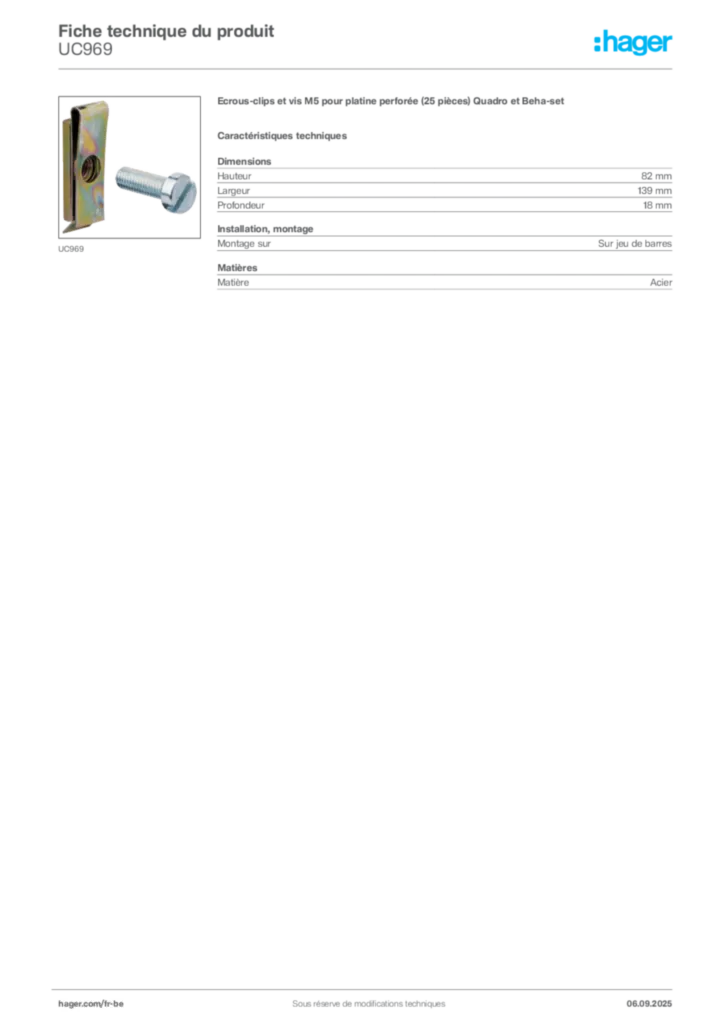 Image Hager Fiche technique du produit UC969 | Hager Belgique