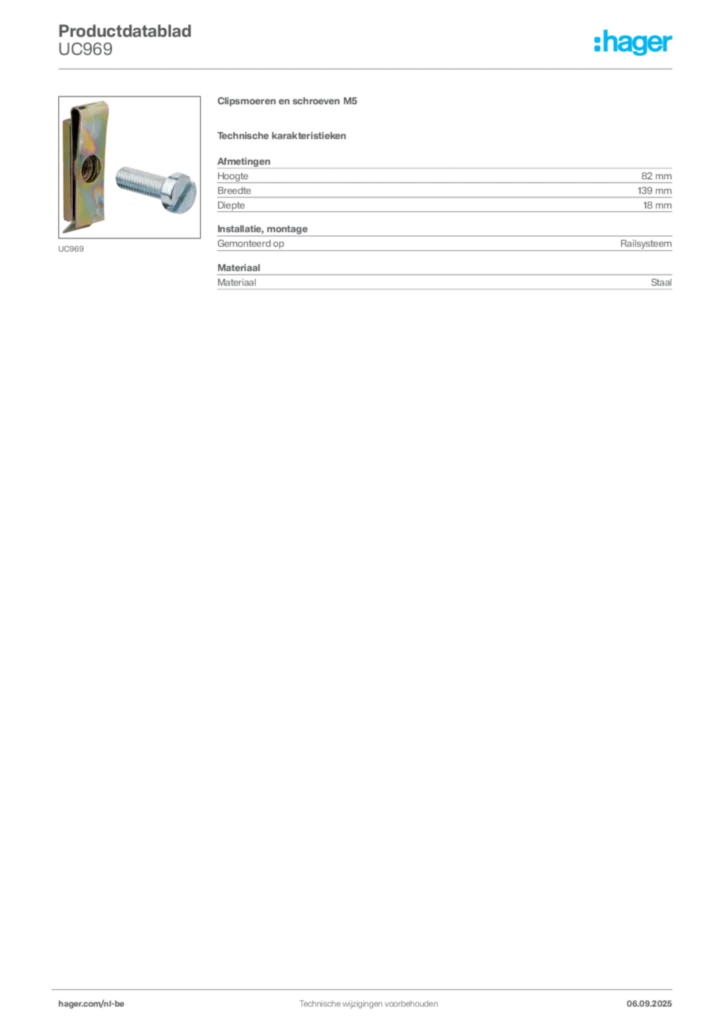Afbeelding Hager Productdatablad UC969 | Hager Belgium