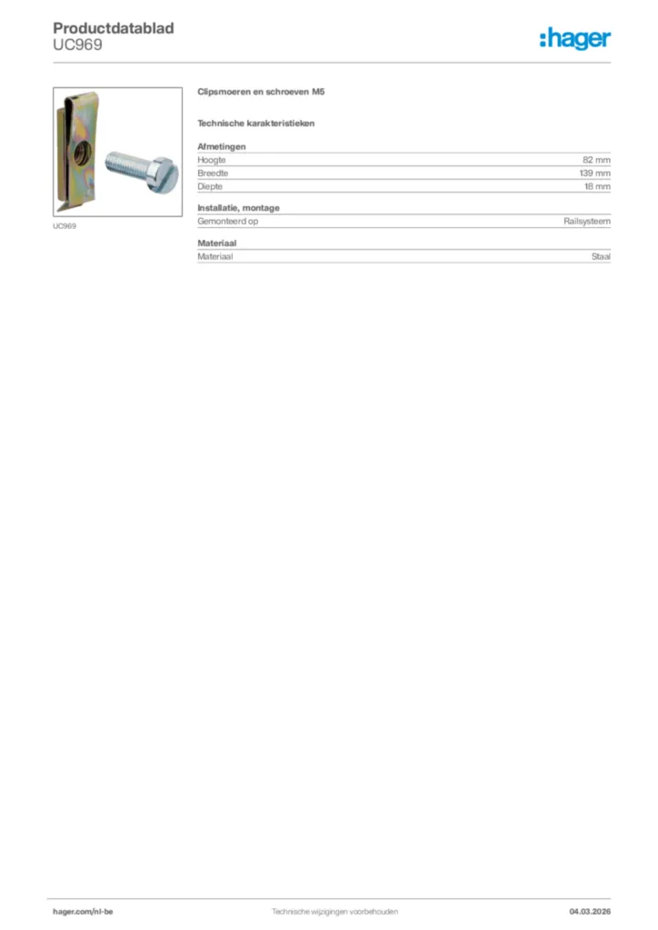 Afbeelding Hager Productdatablad UC969 | Hager Belgium