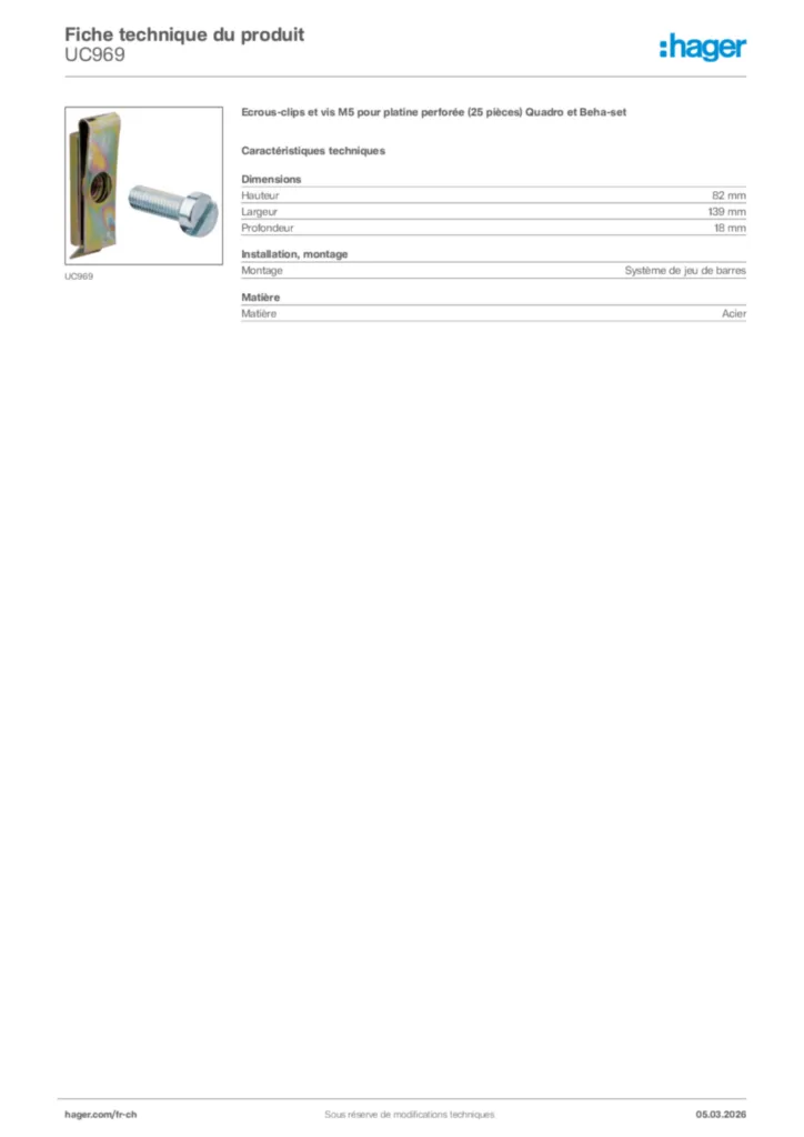 Image Hager Fiche technique du produit UC969 | Hager Suisse