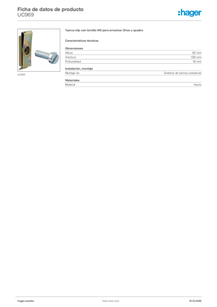 Imagen Hager Ficha de datos de producto UC969 | Hager España
