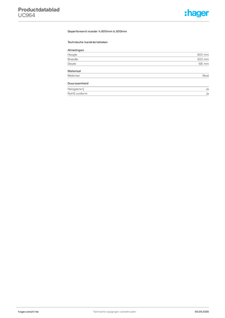 Afbeelding Hager Productdatablad UC964 | Hager Belgium
