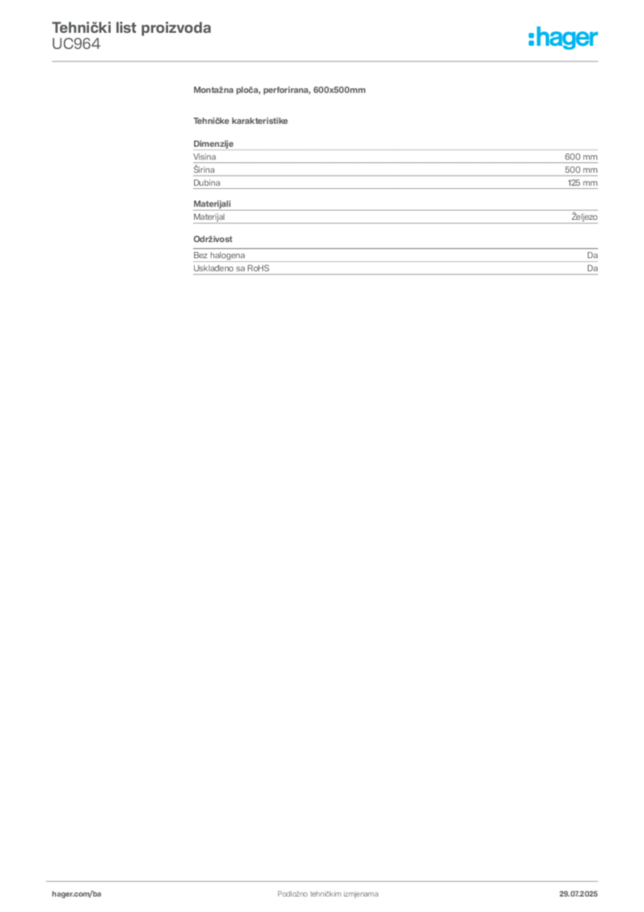 Slika Hager Product data sheet UC964  | Hager