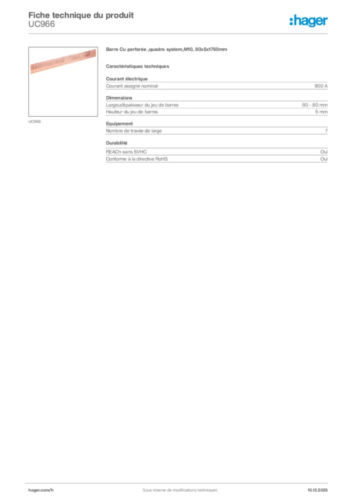 Image Hager Fiche technique du produit UC966 | Hager France