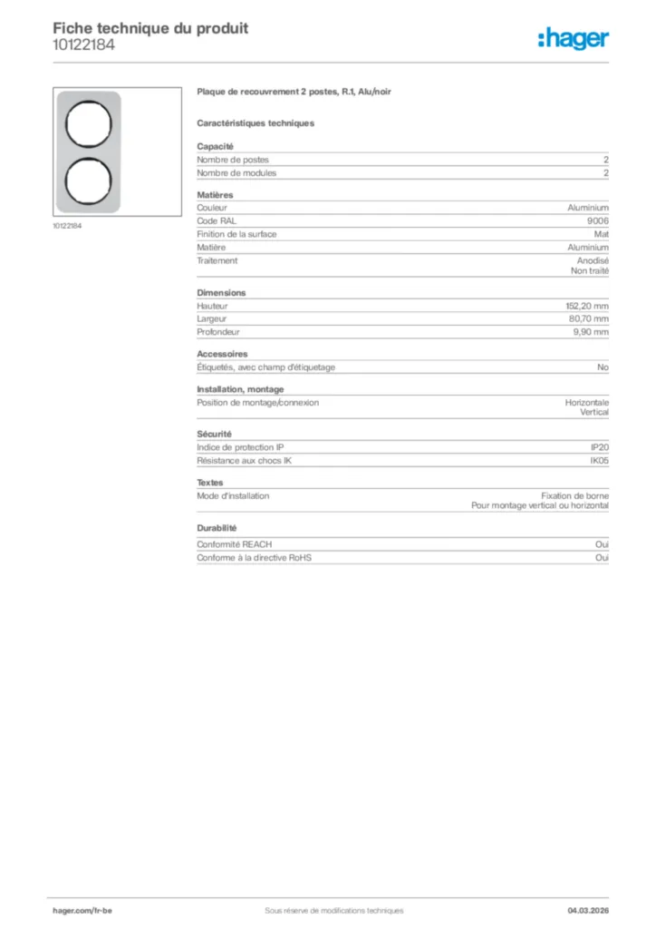 Image Hager Fiche technique du produit 10122184 | Hager Belgique