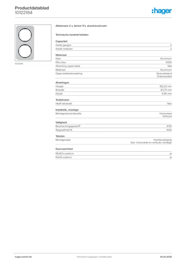 Afbeelding Hager Productdatablad 10122184 | Hager Belgium