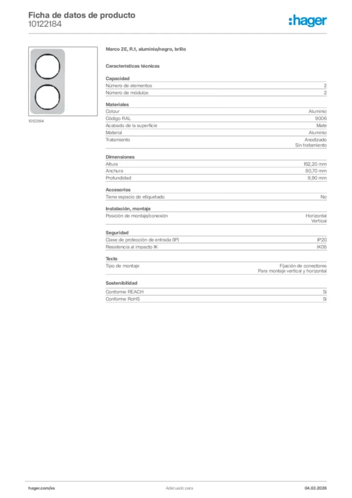 Imagen Hager Ficha de datos de producto 10122184 | Hager España