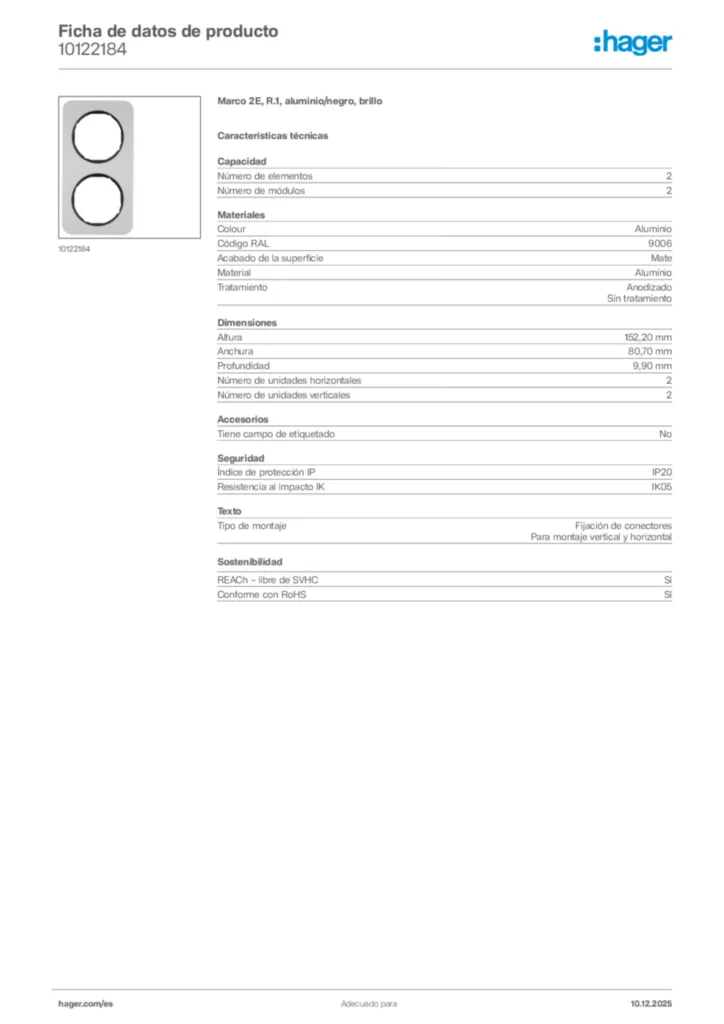 Imagen Hager Ficha de datos de producto 10122184 | Hager España