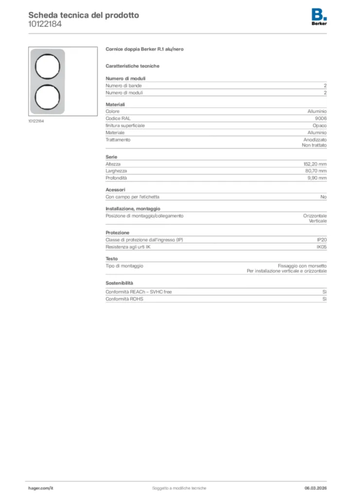 Immagine Berker Scheda tecnica del prodotto 10122184 | Hager Italia