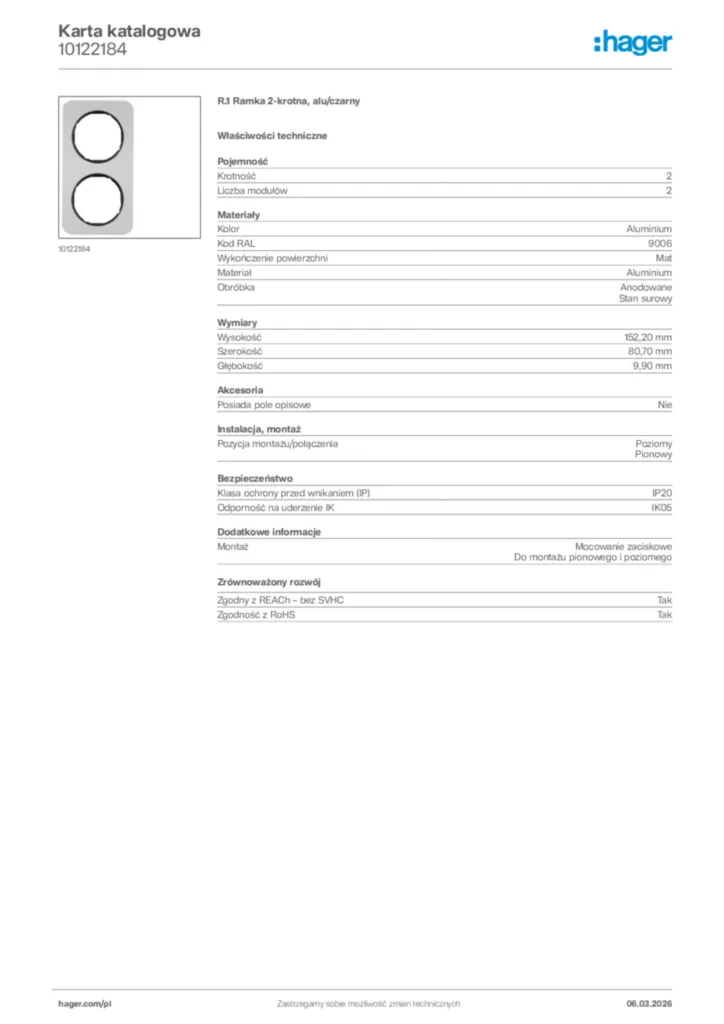 Zdjęcie Hager Karta katalogowa 10122184 | Hager Polska