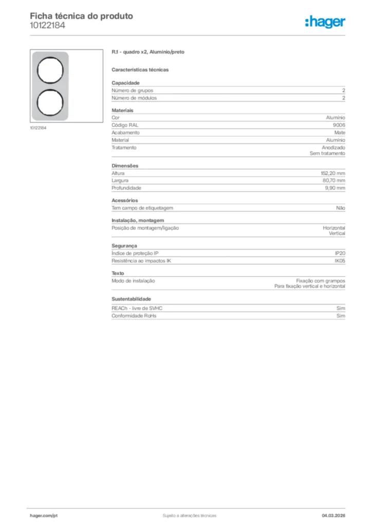 Imagem Hager Ficha técnica do produto 10122184 | Hager Portugal