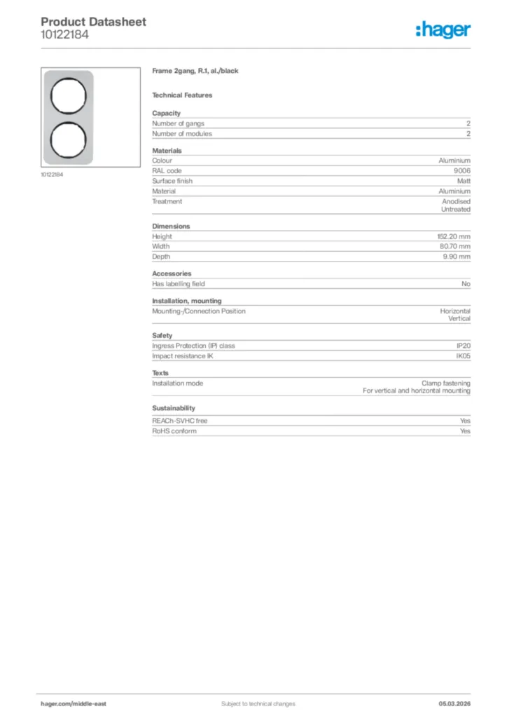 Image Hager Product data sheet 10122184  | Hager