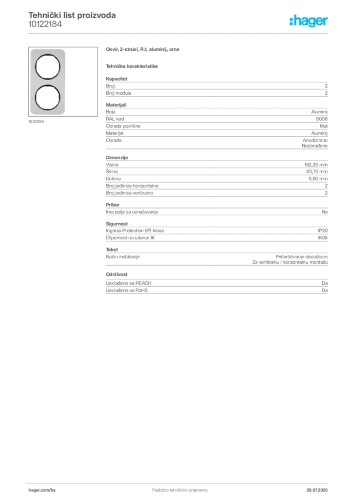 Slika Hager Product data sheet 10122184  | Hager