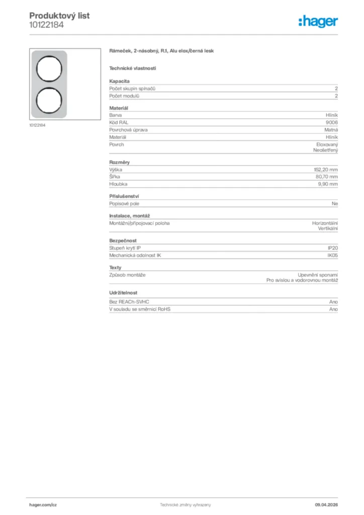 Obrázek Hager Product data sheet 10122184 | Hager