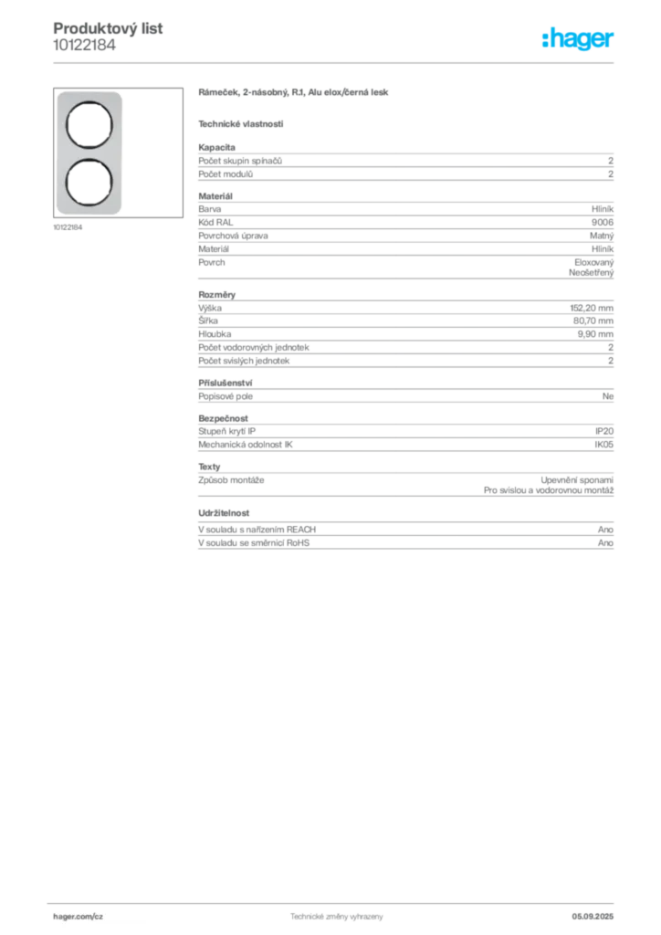 Obrázek Hager Produktový list 10122184 | Hager