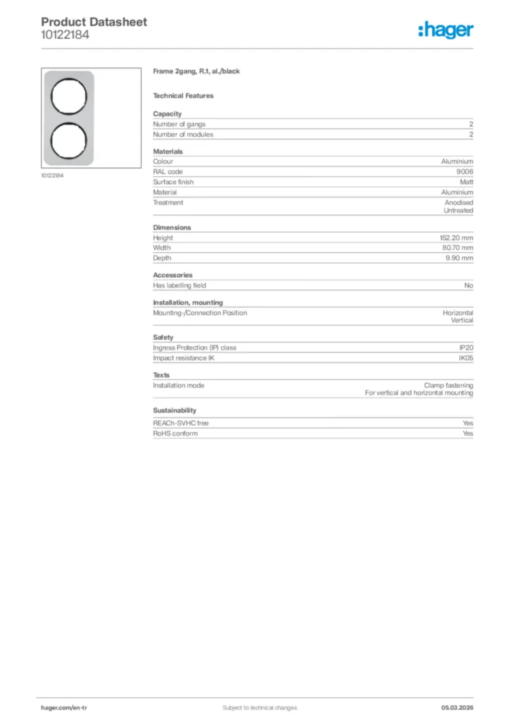 Image Hager Product data sheet 10122184  | Hager