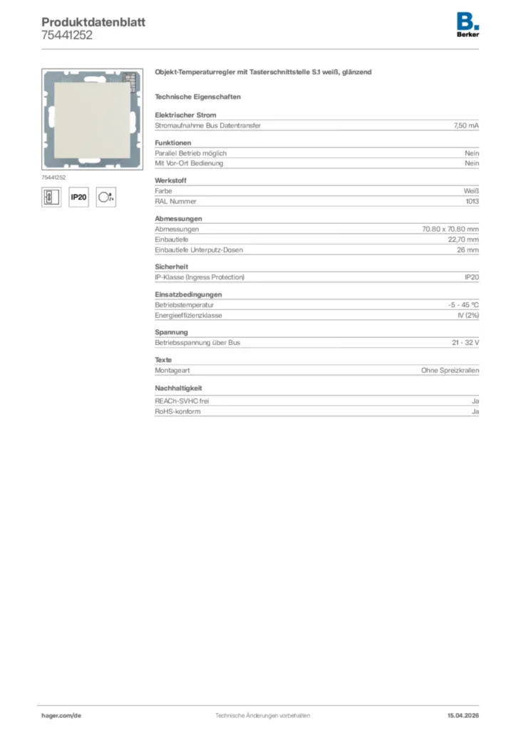 Bild Berker Produktdatenblatt 75441252 | Hager Deutschland