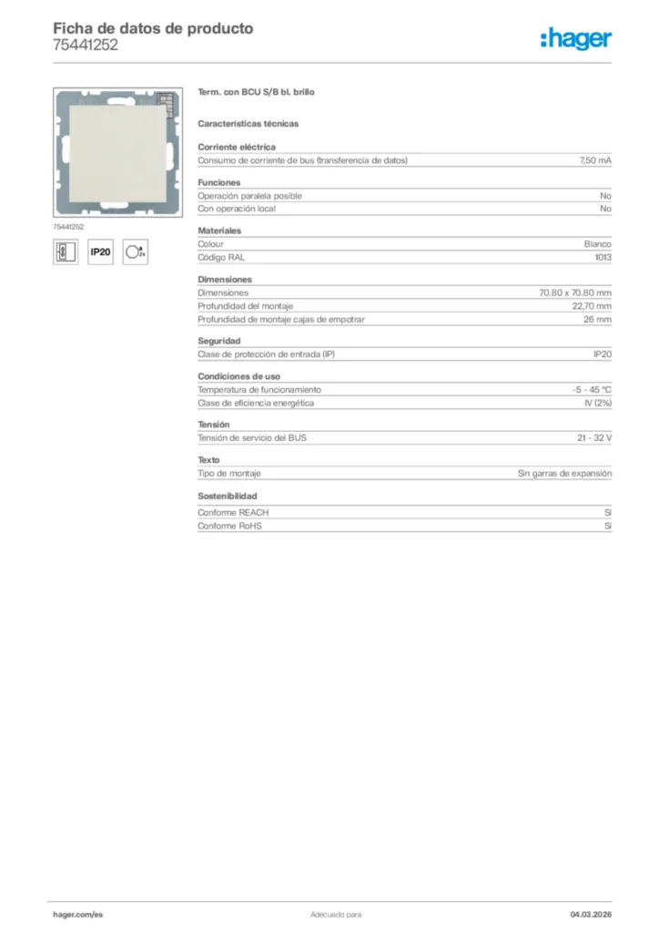 Imagen Hager Ficha de datos de producto 75441252 | Hager España