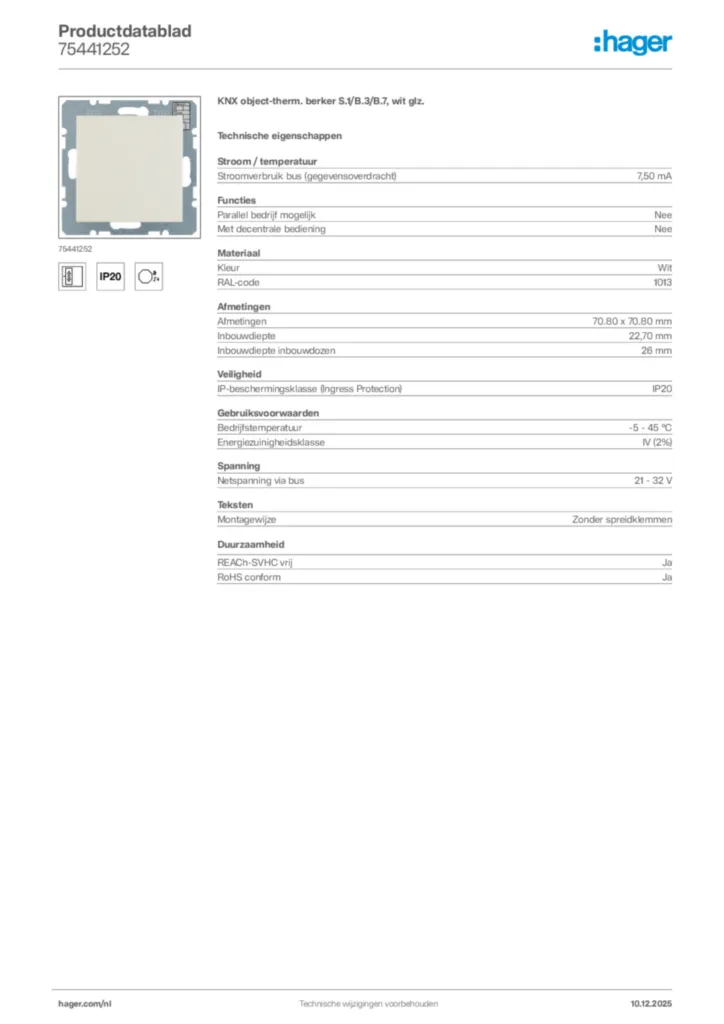 Afbeelding Hager Productdatablad 75441252 | Hager Nederland