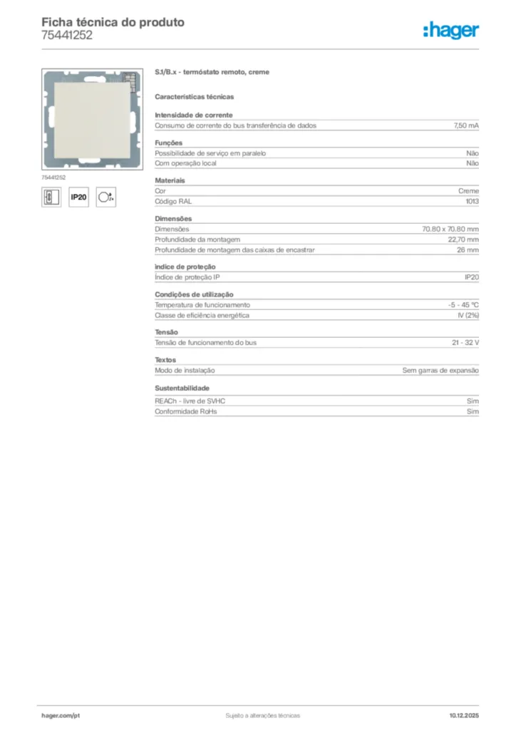 Imagem Hager Ficha técnica do produto 75441252 | Hager Portugal