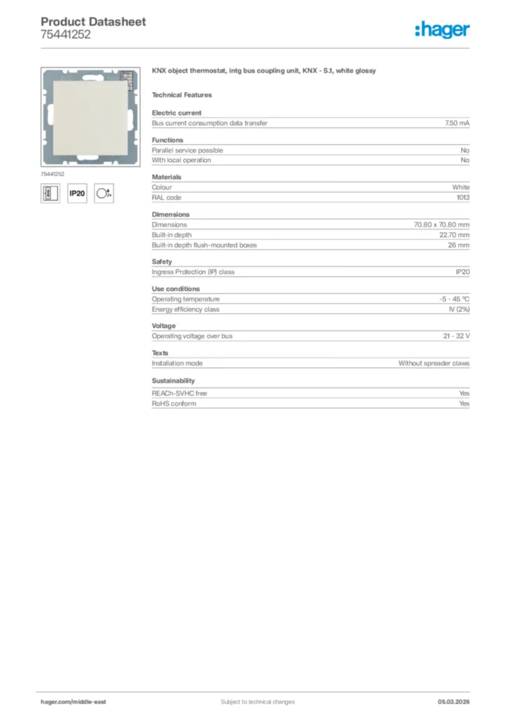 Image Hager Product data sheet 75441252  | Hager