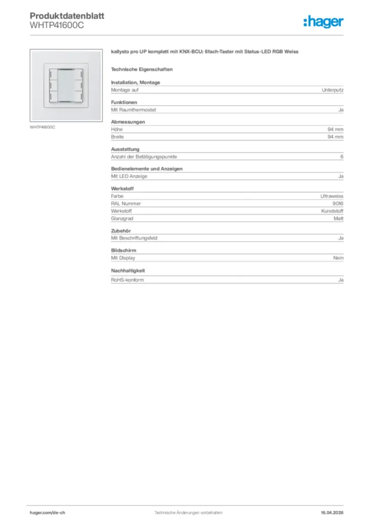 Bild Hager Produktdatenblatt WHTP41600C | Hager Schweiz