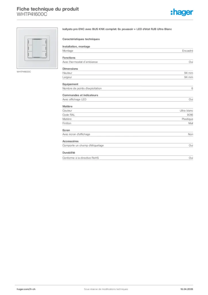 Image Hager Fiche technique du produit WHTP41600C | Hager Suisse