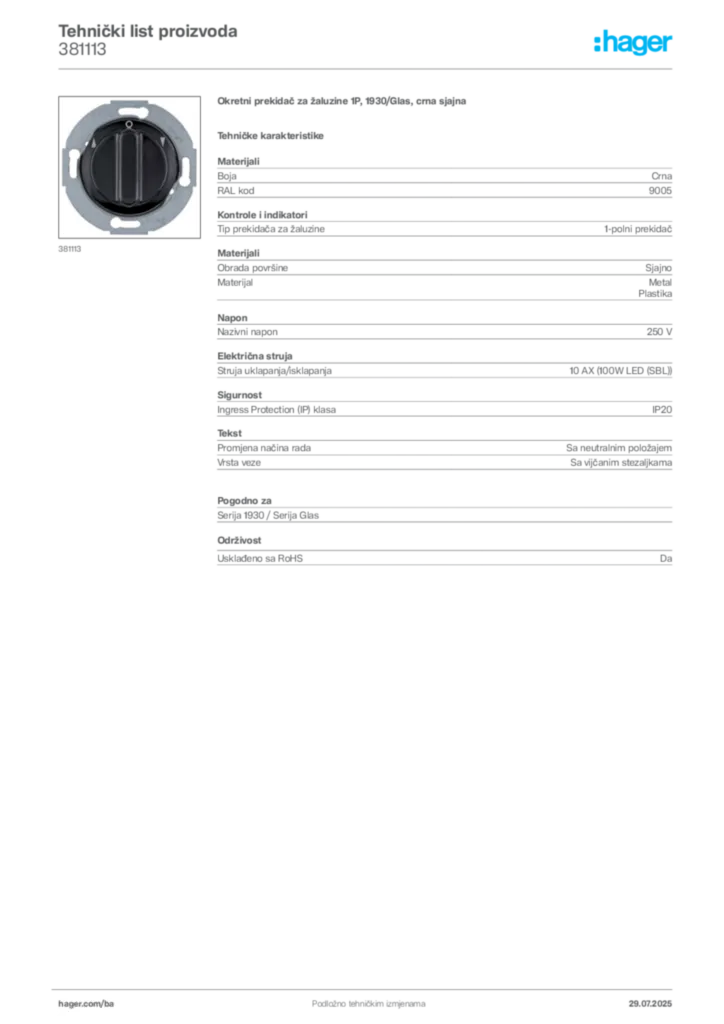 Slika Hager Product data sheet 381113  | Hager