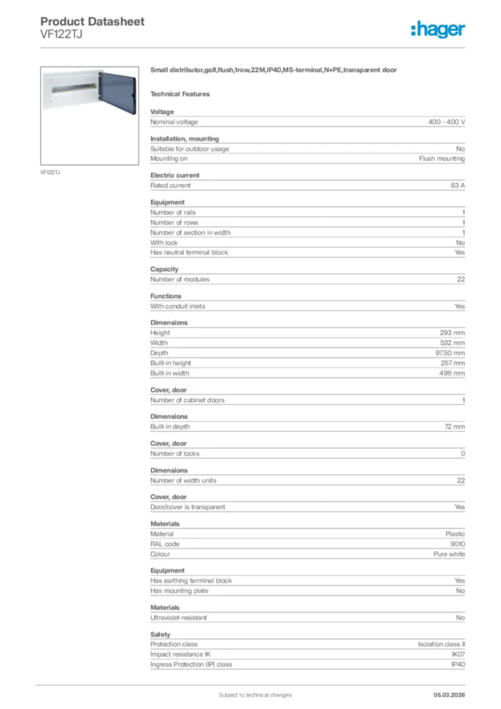 Image Hager Product data sheet VF122TJ  | Hager Africa