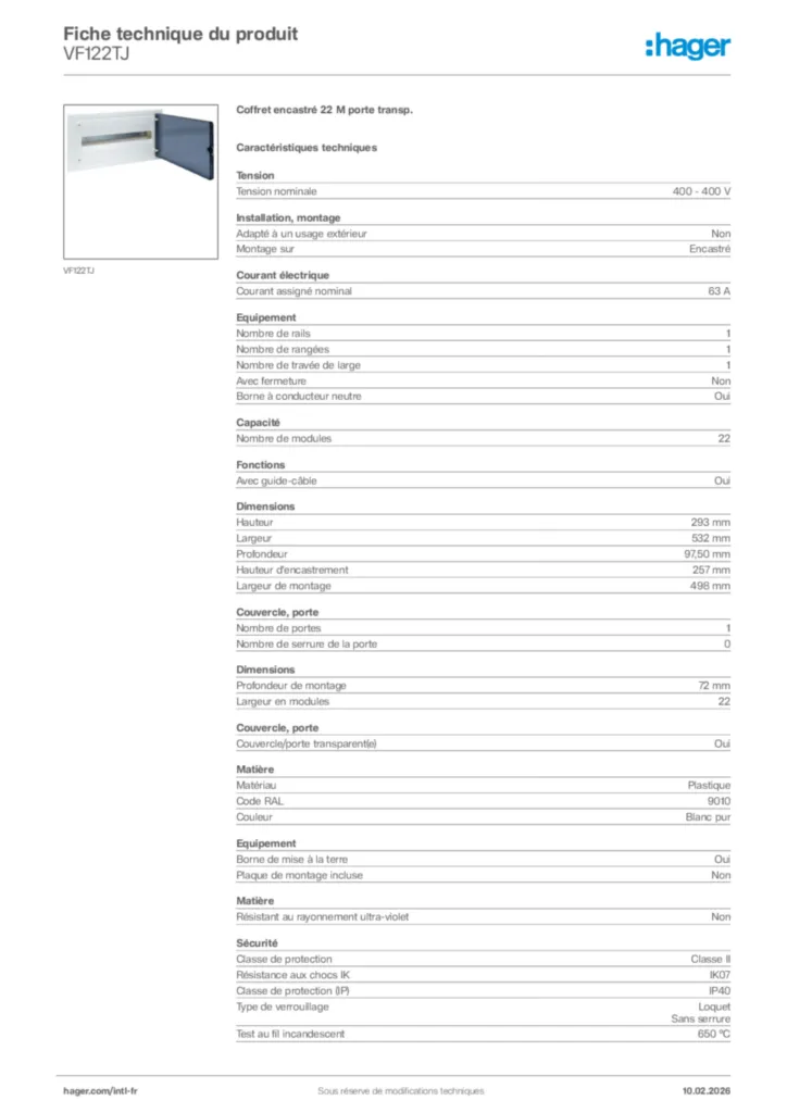 Image Hager Fiche technique du produit VF122TJ | Hager Afrique