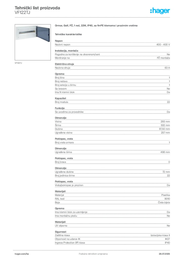 Slika Hager Product data sheet VF122TJ  | Hager