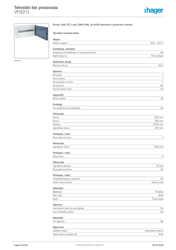 Slika Hager Tehnički list proizvoda VF122TJ  | Hager