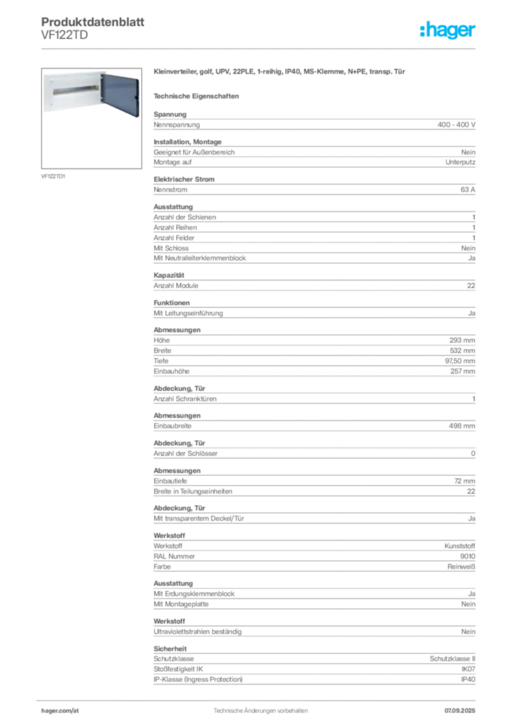 Bild Hager Produktdatenblatt VF122TD | Hager Deutschland