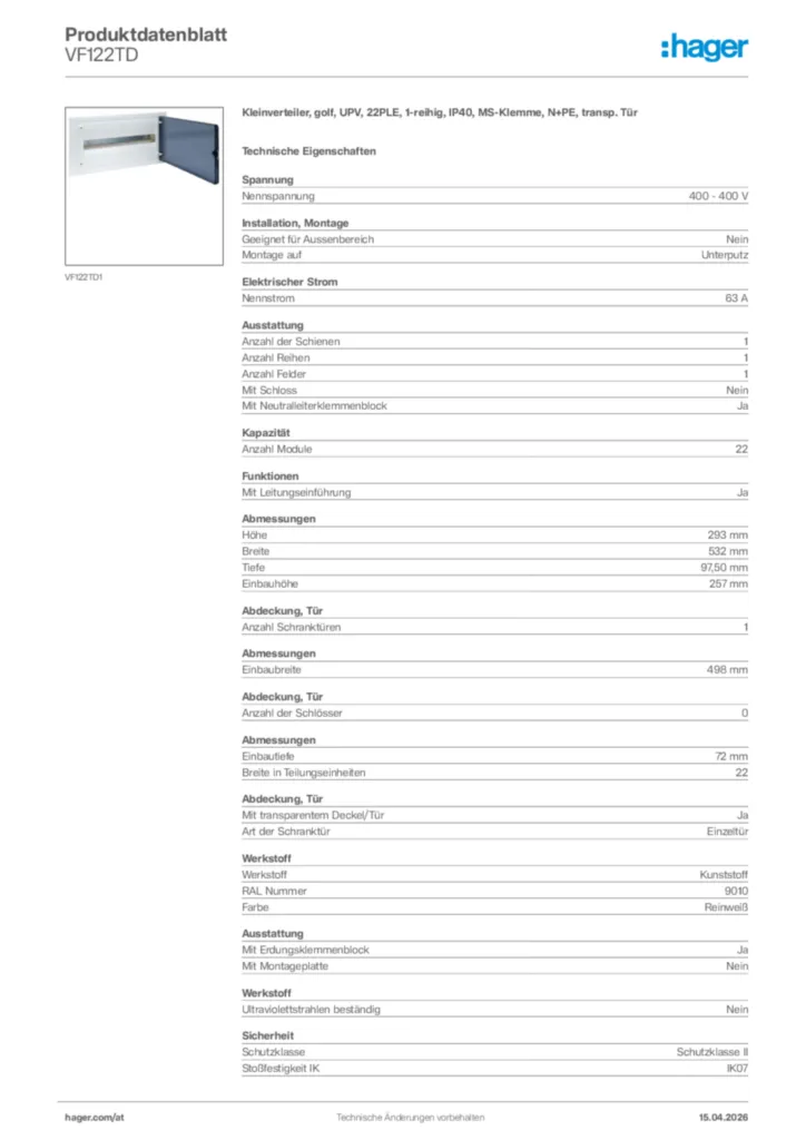 Bild Hager Produktdatenblatt VF122TD | Hager Deutschland