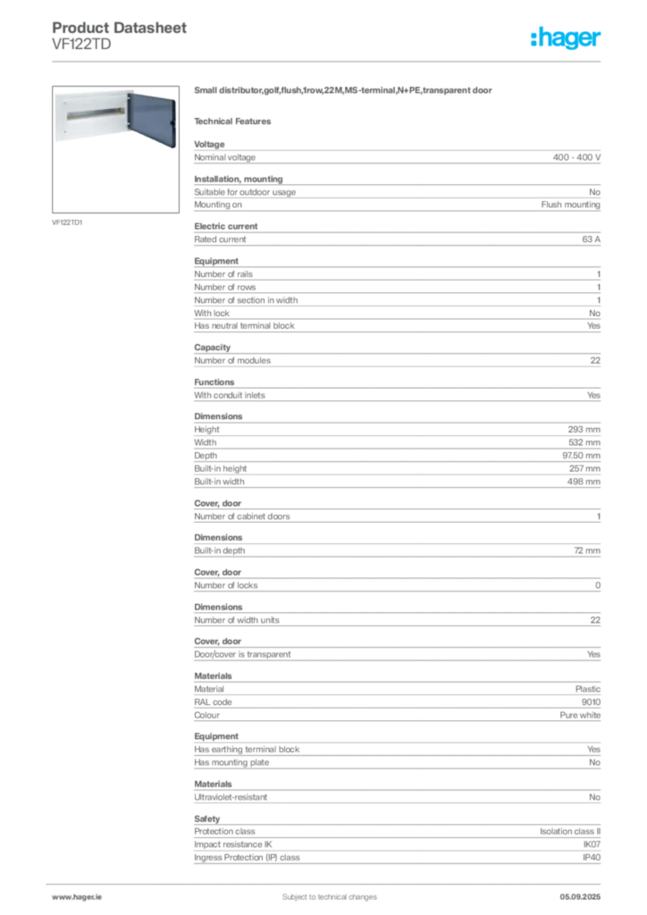 Image Hager Product data sheet VF122TD  | Hager