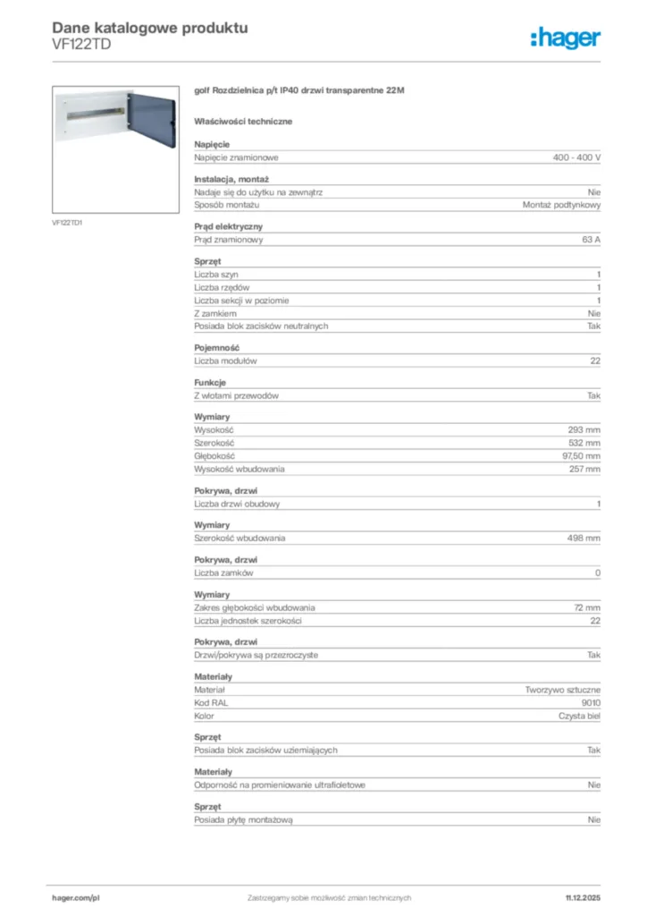 Zdjęcie Hager Dane katalogowe produktu VF122TD | Hager Polska