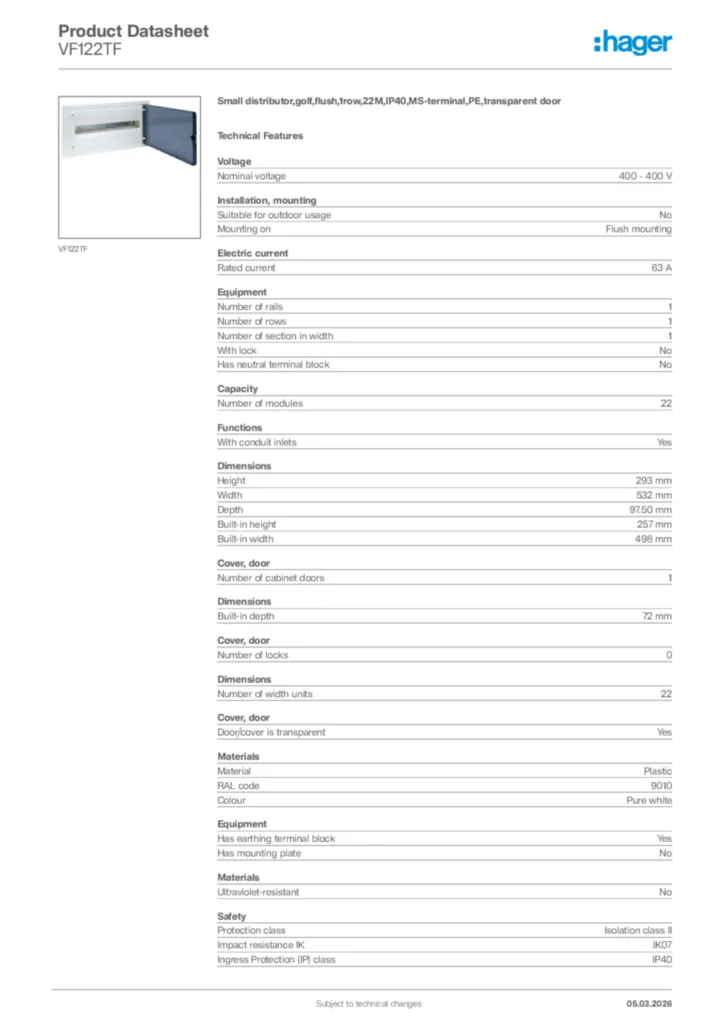 Image Hager Product data sheet VF122TF  | Hager Africa