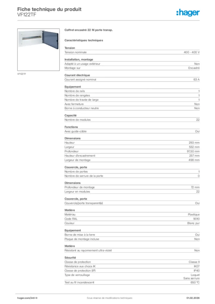 Image Hager Fiche technique du produit VF122TF | Hager Afrique