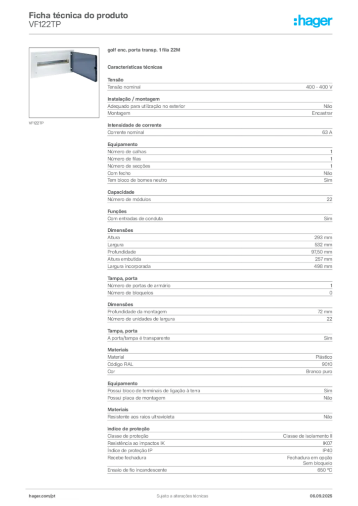 Imagem Hager Ficha técnica do produto VF122TP | Hager Portugal