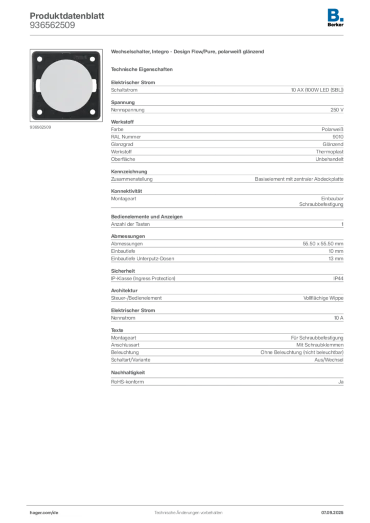 Bild Berker Produktdatenblatt 936562509 | Hager Deutschland