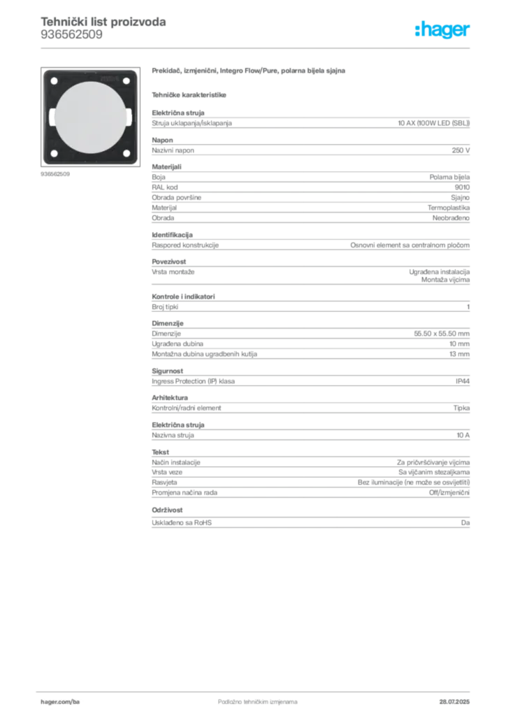 Slika Hager Product data sheet 936562509  | Hager