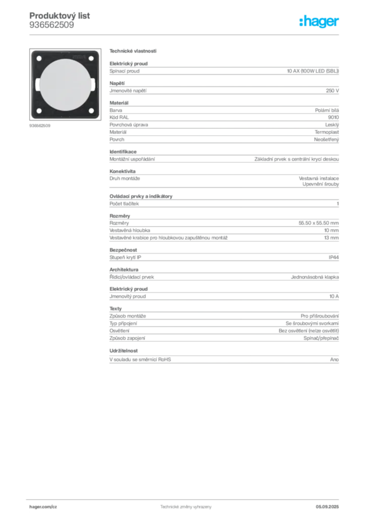 Obrázek Hager Produktový list 936562509 | Hager