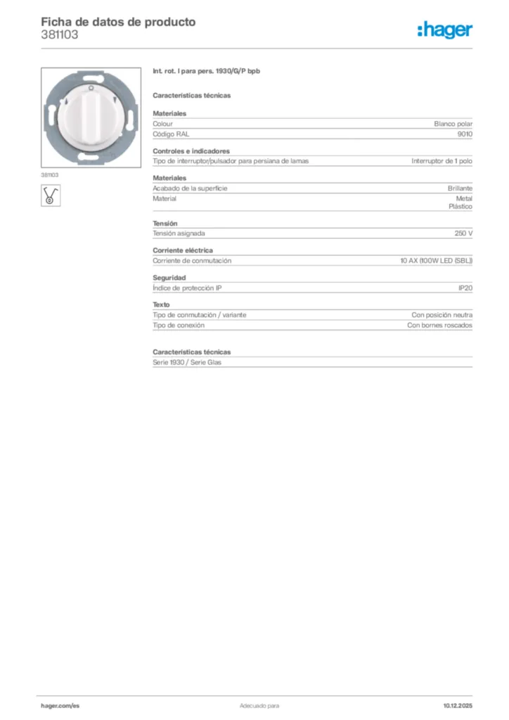 Imagen Hager Ficha de datos de producto 381103 | Hager España