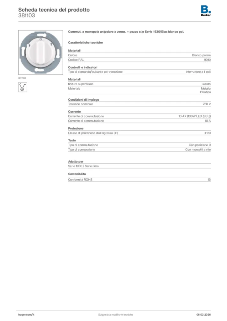 Immagine Berker Scheda tecnica del prodotto 381103 | Hager Italia