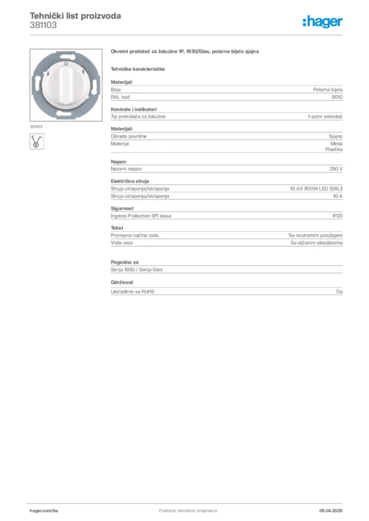Slika Hager Tehnički list proizvoda 381103  | Hager