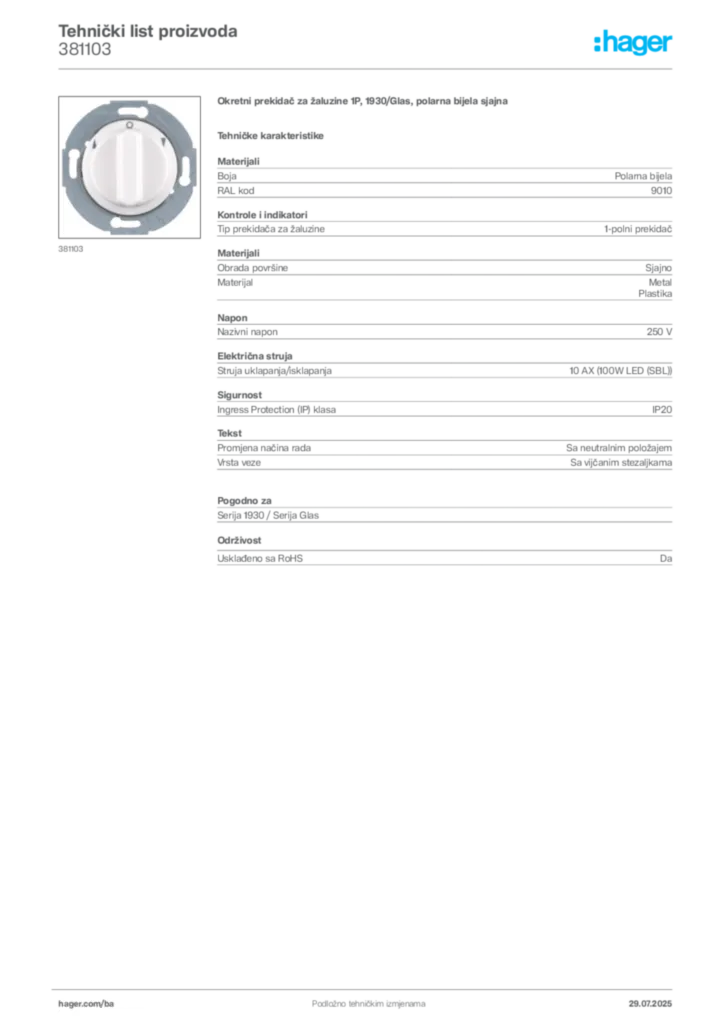 Slika Hager Product data sheet 381103  | Hager