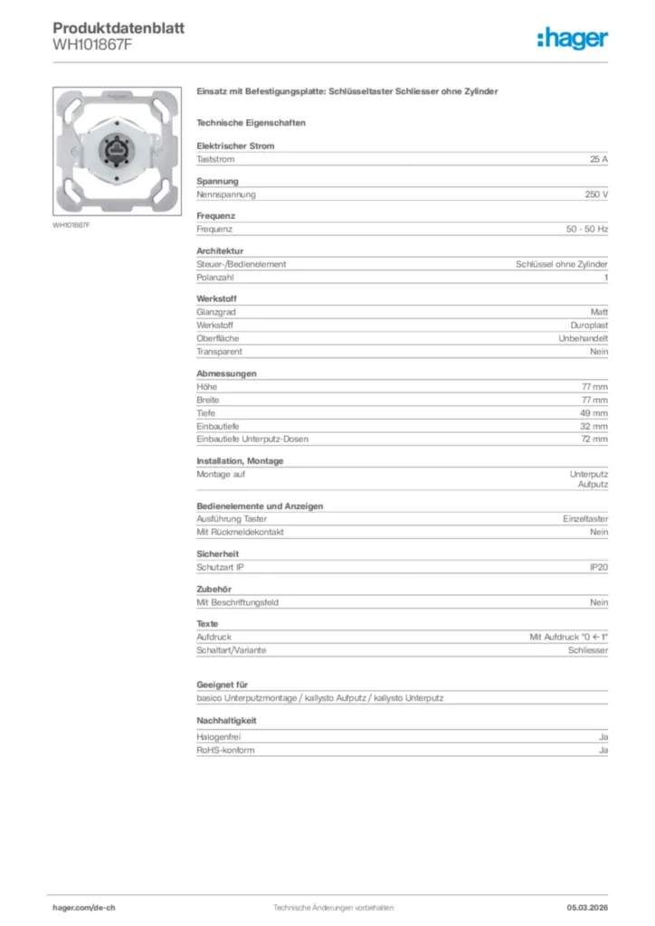 Bild Hager Produktdatenblatt WH101867F | Hager Schweiz