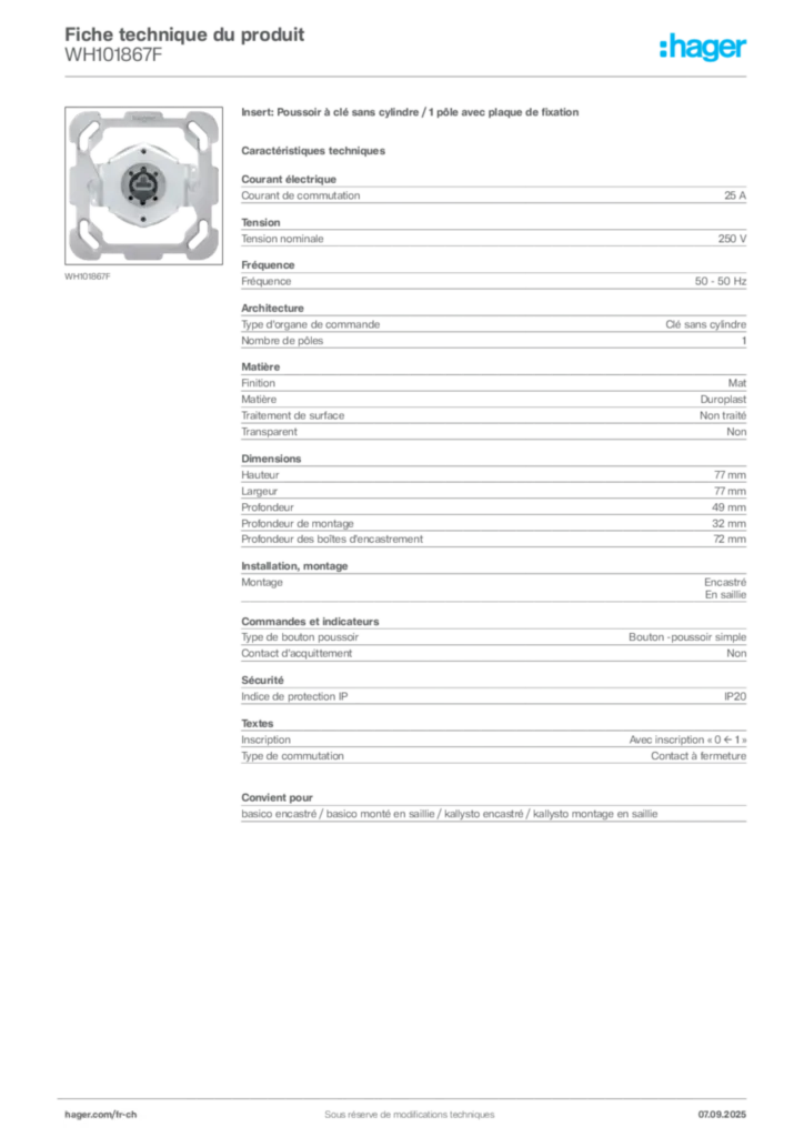 Image Hager Fiche technique du produit WH101867F | Hager Suisse